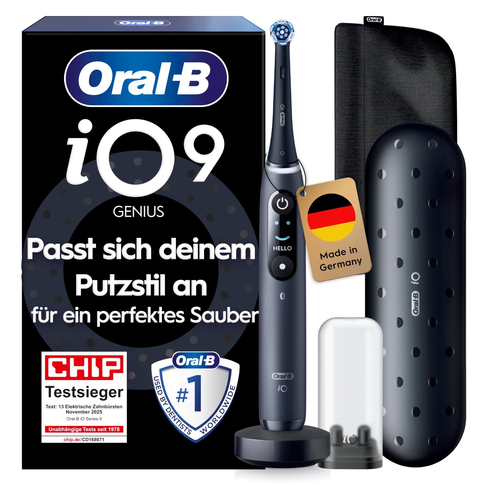 816rRRmlWmL Oral-B iO Series 9 Elektrische Zahnbürste, Schwarz, 7 Reinigungsmodi, inkl. 1 Aufsteckbürste – Bild 1
