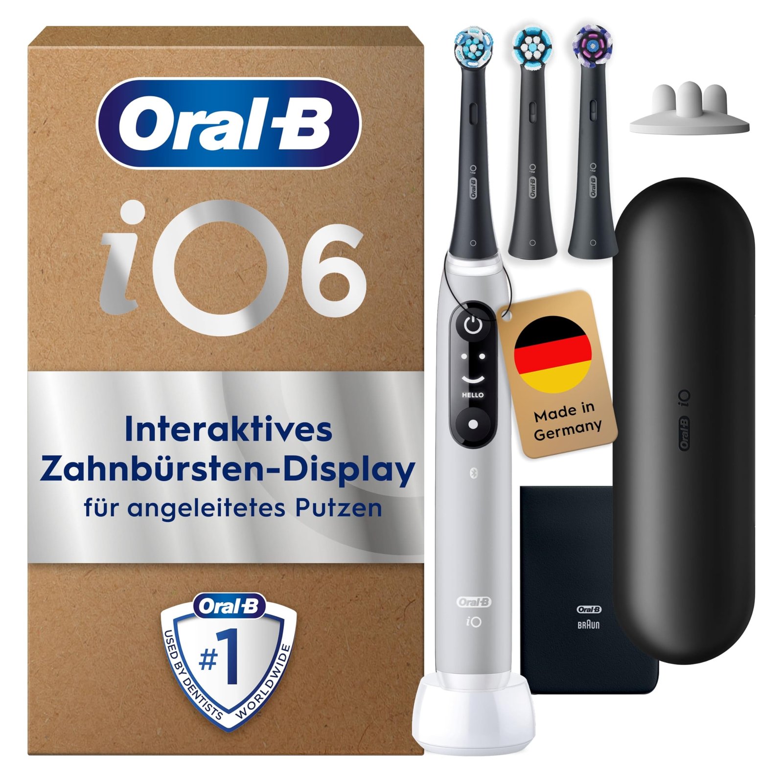 81CJEtptcBL Oral-B iO Series 6 Elektrische Zahnbürste, Grau, mit 5 Putzmodi, 3 Aufsteckbürsten und Reise-Etui – Bild 1