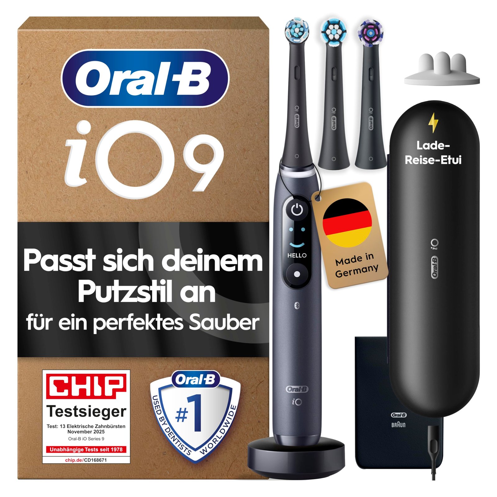81LPOE9YaJL Oral-B iO Series 9 Elektrische Zahnbürste, Schwarz, mit 7 Putzmodi und 3 Aufsteckbürsten – Bild 1
