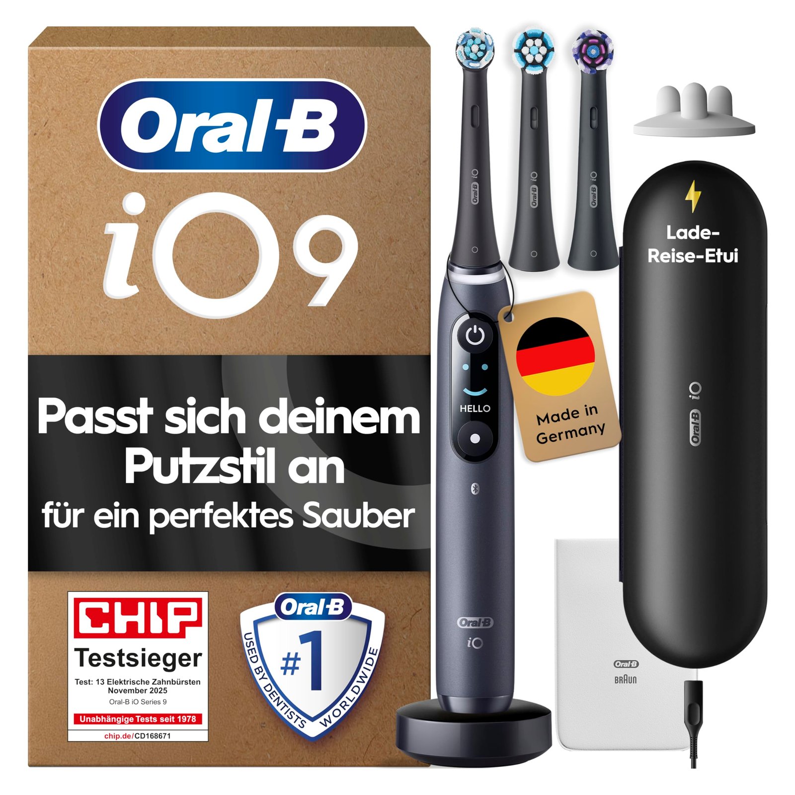 81TPJmEN6gL Oral-B iO Series 9 Elektrische Zahnbürste, Schwarz, mit 7 Putzmodi und 3 Aufsteckbürsten – Bild 1