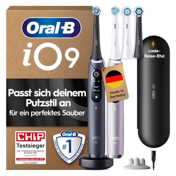 Oral-B iO Series 9 Elektrische Zahnbürste im Doppelpack, Schwarz und Rosa, mit 7 Reinigungsmodi und 4 Aufsteckbürsten